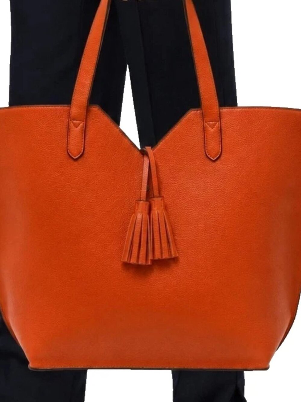 Neiman Marcus Pebbled Vegan Leather Tote Bag Tassel Shoulder Purse Large Orange